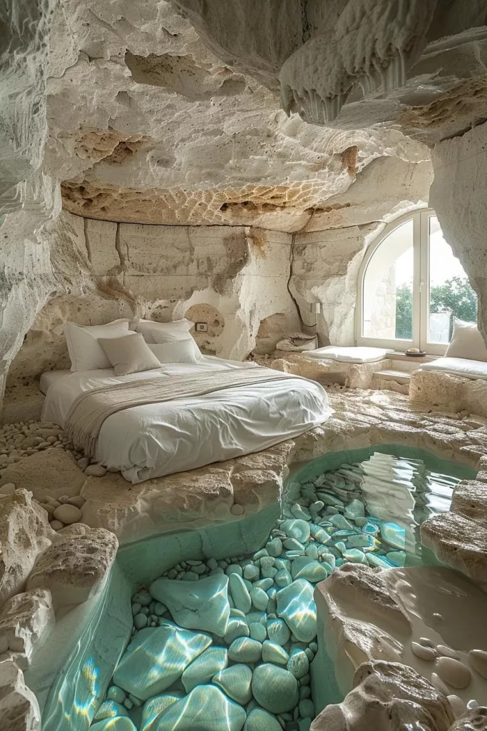 Paradise Bedroom Carved into a White Rocky Cave: An Ethereal Retreat