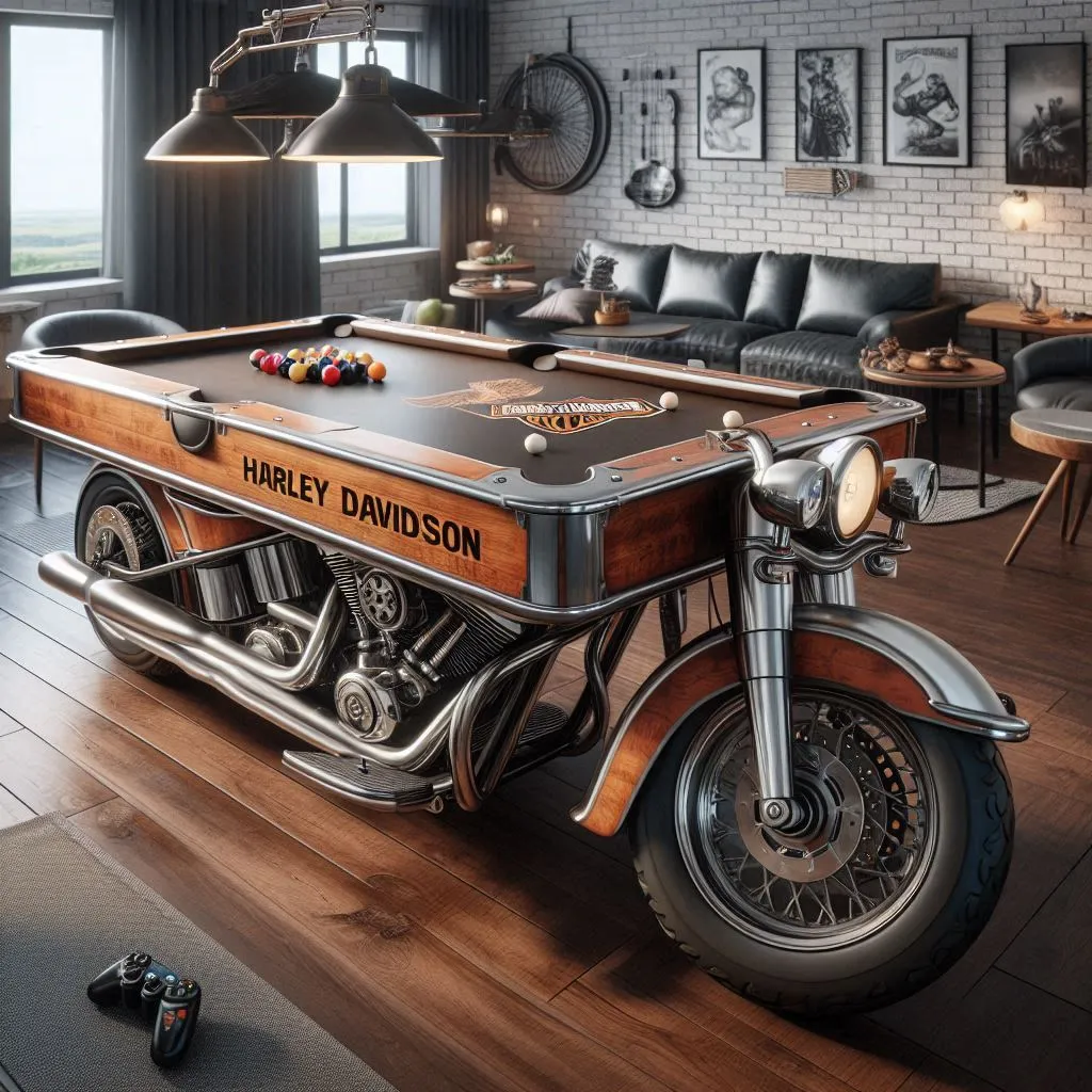 Features of a Harley Davidson Shaped Pool Table